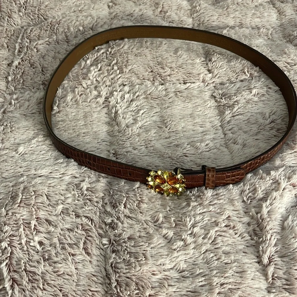 Liz Claiborne Y2K belt brown moc croc with colorful rhinestone buckle women Sz L